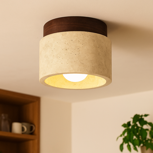 Plafonnier japonais en pierre et bois