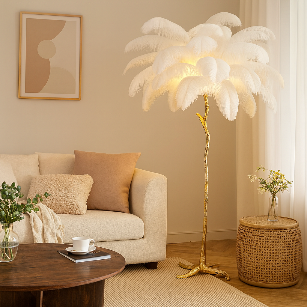 Lampadaire / Lampe de Sol Design en Plumes d’Autruche