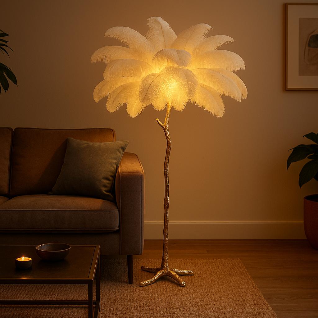 Lampadaire / Lampe de Sol Design en Plumes d’Autruche