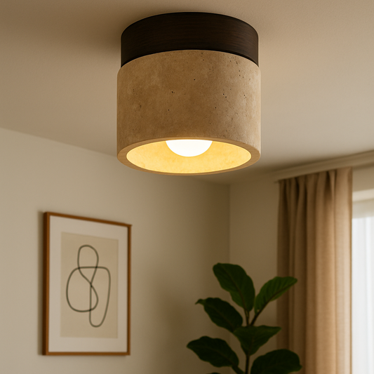 Plafonnier japonais en pierre et bois