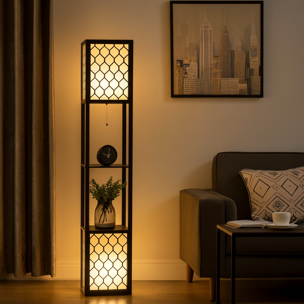 Lampadaire colonne avec étagères intégrées - H156cm